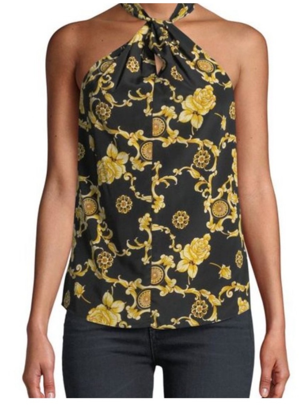 Veronica Beard New Black and Gold Adela Floral Halter Silk Top Size 8